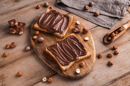 Board of bread with chocolate paste and hazelnuts on wooden background. Popular dessert food. Top view.の写真素材