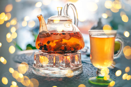 Tea in a glass teapot on a dark background with bokehの写真素材