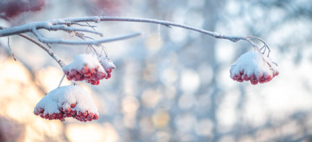 Red rowan in winter under the snow. Winter Concept backgroundの写真素材