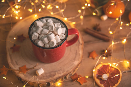 cute cozy winter composition. red mug, marshmallows, oranges and Christmas lights. new year and christmas, warmth, comfortの写真素材