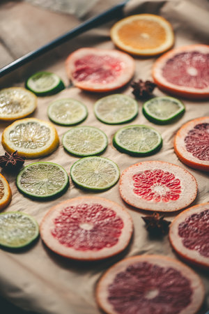 Sliced orange, tangerine and grapefruit slices on baking sheet, preparing citrus decor for Christmas garlandの写真素材