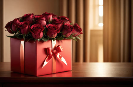 Gift box with red roses. gift, love, card, valentine's day, wedding with copy spaceの素材