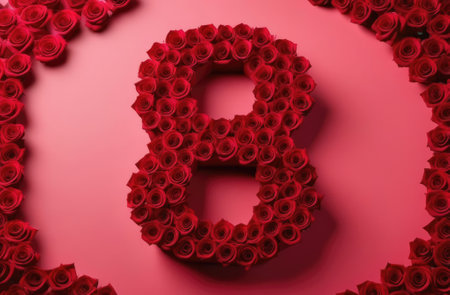 Number 8 of red roses. March 8, International Women's Day, greeting card, greetingの素材