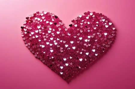 Heart of pink sequins on pink background. Valentine's Day Card, Love, Weddingの素材