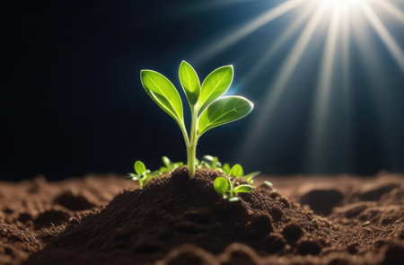 A green sprout grows out of the ground. ecology, Earth hour, peace, symbol of lifeの素材