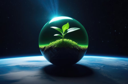 A green sprout in the sphere, on planet Earth. Concept ecology, nature protection, Earth hourの素材