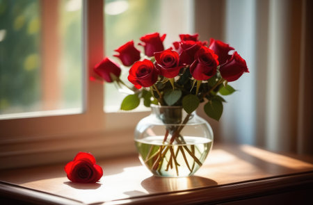 a bouquet of red flowers growing in a vase on the windowsill near the window. congratulation, postcard, gift for Valentine's Day, March 8, wedding, birthdayの素材