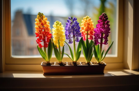 Colorful hyacinths in a pot by the window. Flower Cultivation, Spring, blossom, greeting card, postcardの素材