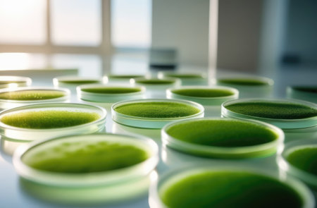 Algae, microalgae in petri dishes research in laboratories. biotechnology, science. Macro. Biofuel research process in laboratory. Generative AIの素材