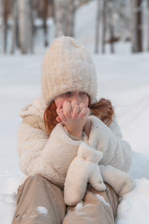 cute girl took off her mittens and breathes on her hands to warm them, winter forest, cold, frost, winter activities, pastimeの写真素材