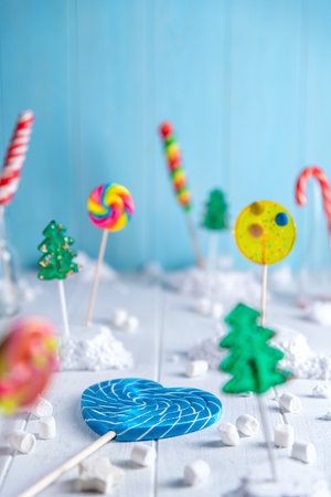 Composition of colorful lollipops. Sweetness, dessert. advertising of sweets, lollipops, beautiful bright compositionの写真素材