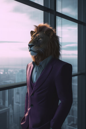 majestic anthropomorphic lion in a purple business suit. poster, business. Dapper, elegant anthropomorphic wild animal portrait with human bodyの素材