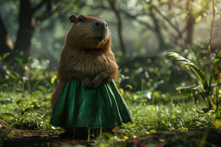 cute anthropomorphic capybara in a cute green dress stands in the forest.. relaxation, rest, self-care, generative aiの素材