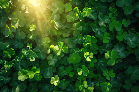 Green clover background, sun shining, sun rays. St. Patrick's Day Symbolの素材