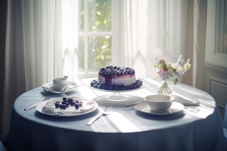 homemade Blueberry pie is on the table by the window in the house. Quiet Luxury, Summer, Berriesの素材