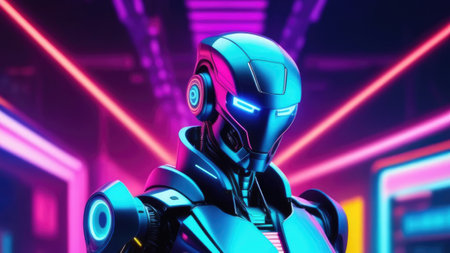 Robot on multicolored neon background. futurism, technologies of the future, cyberneticsの素材