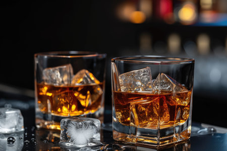 Two glasses of whiskey and ice on the bar, check-out, alcohol, quiet luxuryの素材