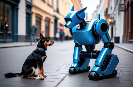 Two dogs stand opposite each other - a real dog and a robot dog. Cybernetics, New Technologies of the Future, Roboticsの素材