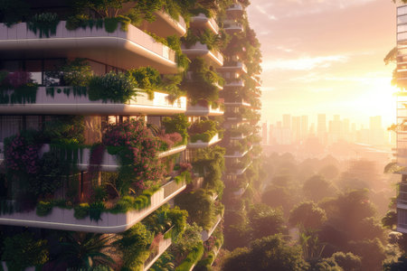 The city of the future with green gardens on the balconies, vertical gardening,city of the future, care for the environmentの素材