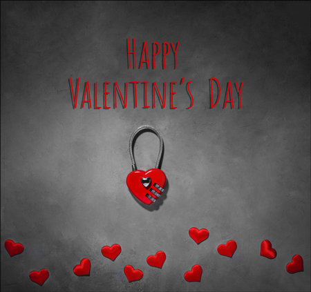 combination lock in the shape of a heart on a gray background. key to the heart, postcard with text Happy Valentines Day. flat lay, top view, Love, Valentine's Day February 14の写真素材