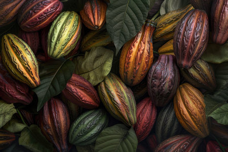 Lots of colorful cocoa fruits, cocoa fruit background, natural backgroundの素材