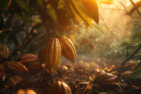 Cocoa beans on a tree, Cocoa Bean Plantations. used to make chocolate, aiの素材