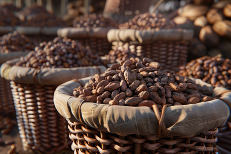 Lots of cocoa beans in baskets, Cocoa Bean Harvesting Process, Cocoa Bean Plantations. used to make chocolate, aiの素材
