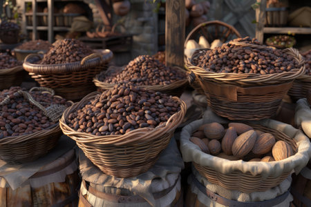 Lots of cocoa beans in baskets, Cocoa Bean Harvesting Process, Cocoa Bean Plantations. used to make chocolate, aiの素材