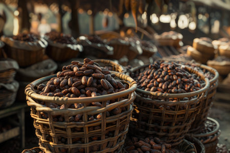 Lots of cocoa beans in baskets, Cocoa Bean Harvesting Process, Cocoa Bean Plantations. used to make chocolate, aiの素材