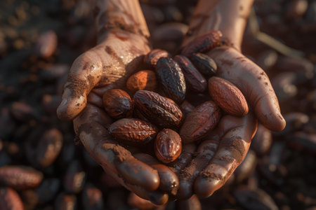 Hands picker of Cocoa beans holding cocoa beansの素材