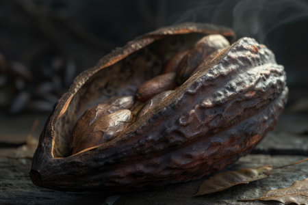 Open cocoa fruit with cocoa beans inside, on gray background, used to make chocolate, aiの素材