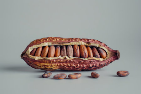 Open cocoa fruit with cocoa beans inside, on gray background, used to make chocolate, aiの素材