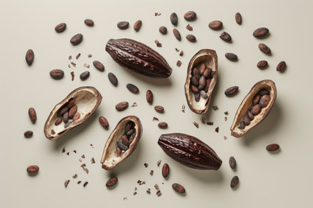 Open cocoa fruit with cocoa beans inside, on gray background, used to make chocolate, aiの素材