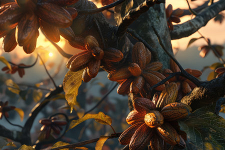 Cocoa beans on a tree, Cocoa Bean Plantations. used to make chocolate, aiの素材