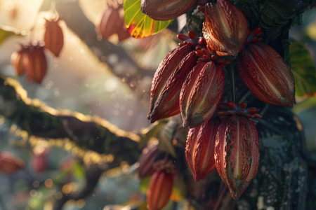 Cocoa beans on a tree, Cocoa Bean Plantations. used to make chocolate, aiの素材
