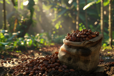 Lots of cocoa beans in baskets, Cocoa Bean Harvesting Process, Cocoa Bean Plantations. used to make chocolate, aiの素材