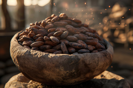 Lots of cocoa beans in baskets, Cocoa Bean Harvesting Process, Cocoa Bean Plantations. used to make chocolate, aiの素材