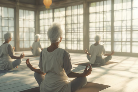 Seniors doing yoga in a spacious, bright room, group classes. Healthy lifestyle, health care, sportsの素材