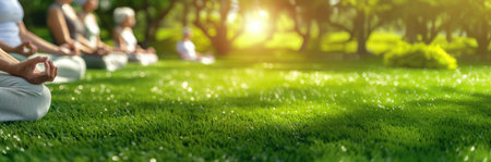 banner elderly people doing yoga outdoors, on a field with green grass, group classes. Healthy lifestyle, health care, sports, with copy spaceの素材
