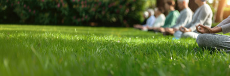 banner elderly people doing yoga outdoors, on a field with green grass, group classes. Healthy lifestyle, health care, sports, with copy spaceの素材