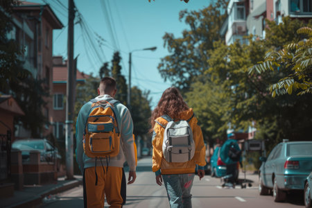 man and girl are engaged in rucking, training outdoors with a backpack with weights. Workout in the city, race walking and cardio exercise. Taking care of your health.の素材