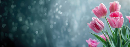 banner Pink tulips on gray magic background, top view and space for text, background for congratulationsの素材