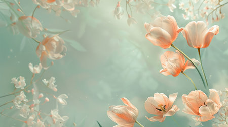 banner light Pink tulips on blue magic background, with copy space, space for text, background for congratulationsの素材