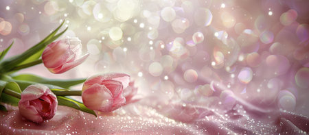 banner light Pink tulips on pink magic background, with copy space, space for text, background for congratulationsの素材