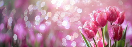 banner light Pink tulips on pink magic background, with copy space, space for text, background for congratulationsの素材