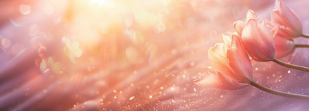 banner light Pink, peach fuzz tulips on pink magic background, with copy space, space for text, background for congratulationsの素材