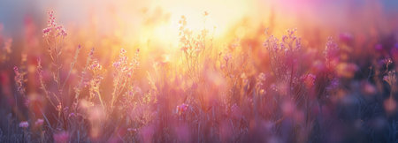 banner field with wildflowers, beautiful pink sunrise, sunset, blossom, concept spring, summer, natural backgroundの素材