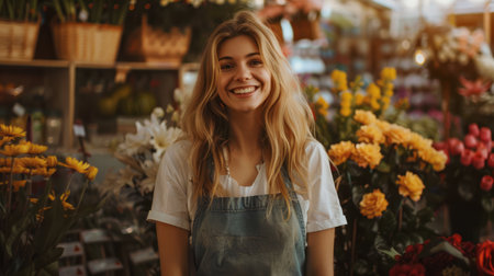 Girl in apron, saleswoman in flower shop looking at camera and smiling, small business, selling flowersの素材