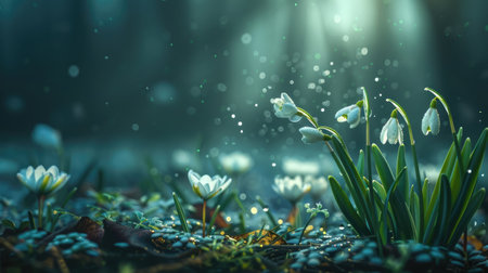 banner blossom snowdrops on a clearing in the snow in spring, spring concept, nature awakeningの素材
