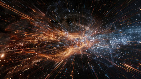 flight through space, traces of tracer stars, Space travel at the speed of lightの素材